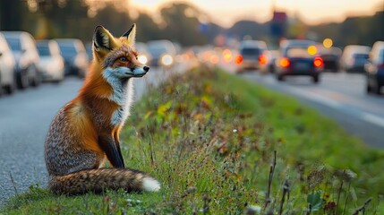 Red Fox Sitting By Roadside With Blurred Traffic Background