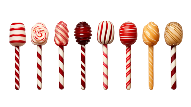 Colection of Striped christmass candy cane in different and unique style and design, isolated on transparent background.