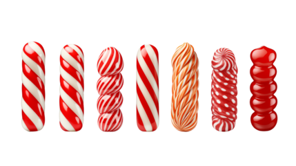 Colection of Striped christmass candy cane in different and unique style and design, isolated on transparent background.
