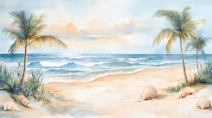Obraz premium Serene beach scene with swaying palm trees and seashells, in pastel watercolors, ideal for a child's room, blending tranquility with playful elements
