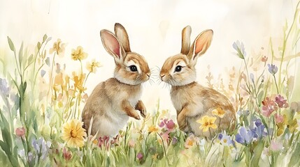 Fototapeta premium Playful rabbits in a colorful meadow, depicted in pastel watercolors, perfect for a child's room, full of life and enchanting detail
