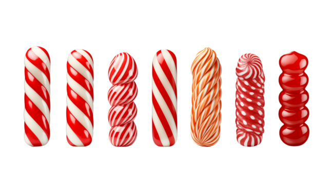Colection of Striped christmass candy cane in different and unique style and design, isolated on transparent background.