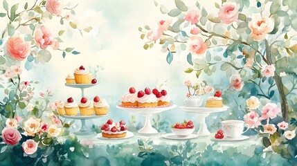 A pastel garden party scene with tea and cakes, watercolor style, perfect for a child's room, capturing the joy of a whimsical outdoor celebration