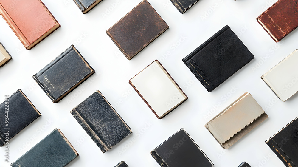 Poster neatly arranged collection of various books on white background with copy space