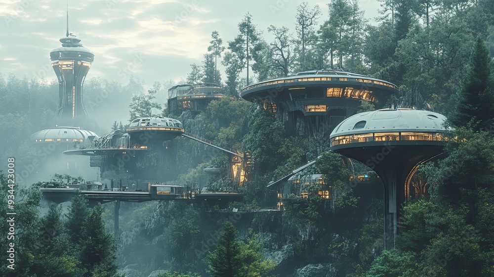 Poster futuristic city structures on cliffside with fog and trees