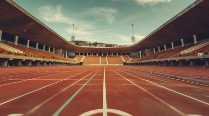 A wide view of an empty stadium, with brown track and white lines, from the center.