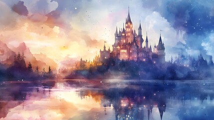 Fototapeta premium Pastel watercolor of a majestic fairy tale castle with a glittering moat, perfect for a child's room, combining vibrant colors with a dreamy atmosphere