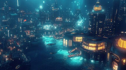 Obraz premium Futuristic Cityscape with Waterway and Glowing Lights