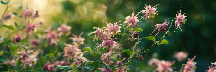 Pink fluffy flowers of Siberian columbine meadow rue Thalictrum aquilegiifolium in a garden setting.