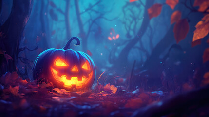 Fototapeta premium Halloween Pumpkin sitting in a Mystical Forest setting, creating an unsettling atmosphere