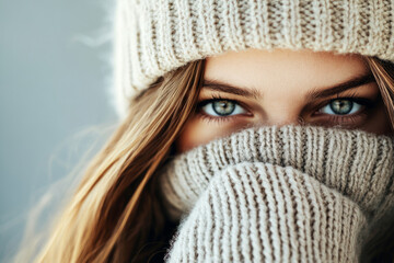 Beautiful woman in hat is covering her face with warm knitted scarf. Cold winter weather