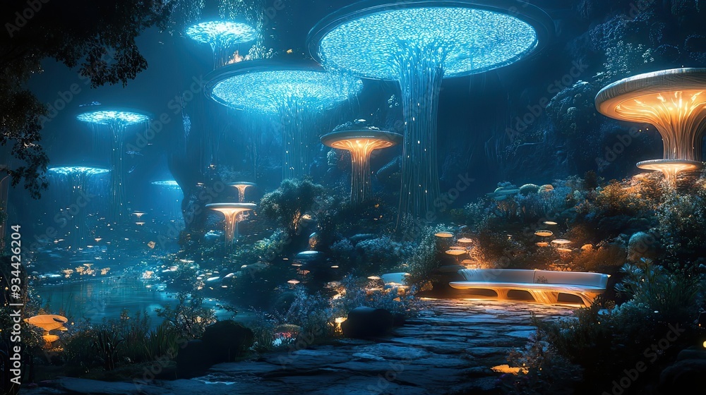 Poster enchanting forest with glowing mushroom-like structures