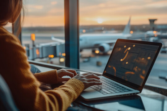 Woman types on a laptop while sitting in an airport terminal - Powered by Adobe