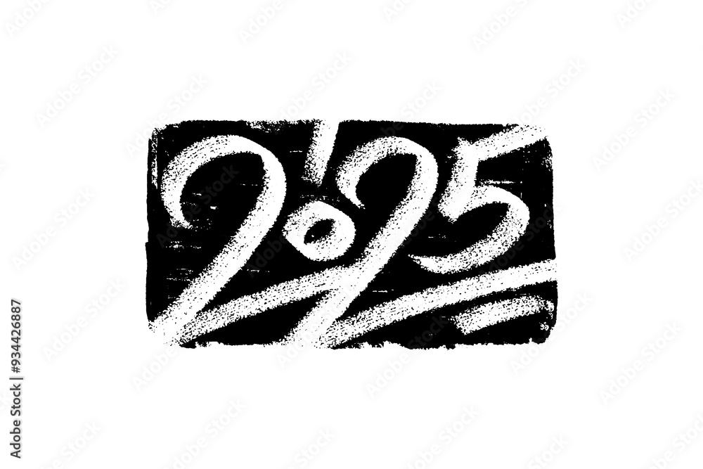 Poster 2025 vector hand-drawn numbers rectangular composition on stamp-like background. 2025 number design 