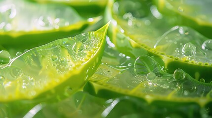 A close-up of green aloe vera leaves with water droplets, creating a refreshing and natural texture.