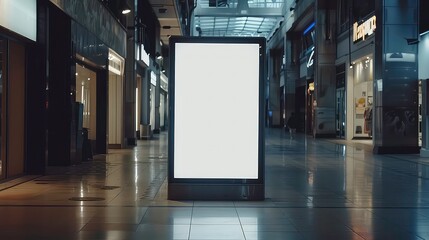 A blank billboard stands in a dimly lit shopping mall.