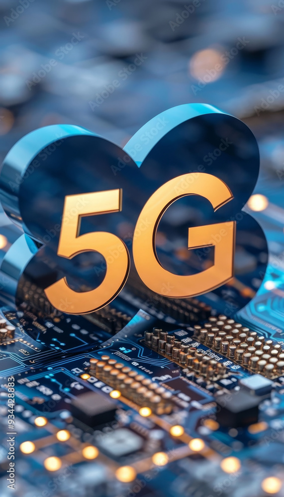 Poster a striking golden 5g symbol stands out against a complex microchip circuit, representing cutting-edg