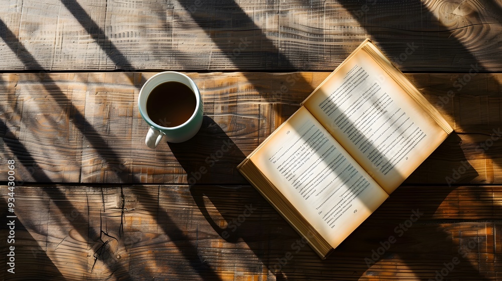 Poster a top view of an open book with a cup of coffee on a wooden table in minimalistic lighting ai genera