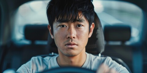 Young man of Asian descent operating a vehicle from the driver's seat.