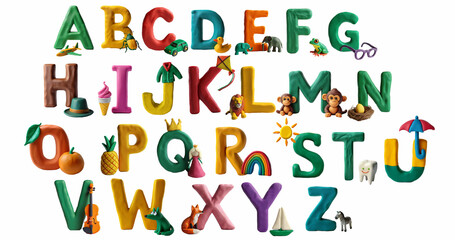 Alphabet made of plasticine with corresponding words. Letters of the English alphabet with animals, fruits and various things made from plasticine.  Childish font for kids ABC book symbols pack.