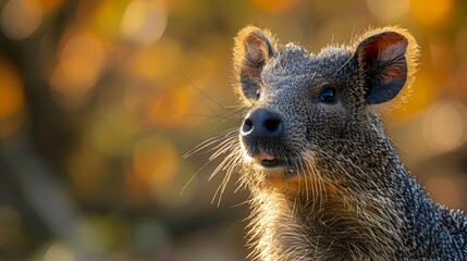 Naklejka premium Amazon Peccary face, its tusks and fur detailed with a soft focus background