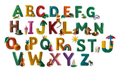 Alphabet made of plasticine with corresponding words. Letters of the English alphabet with animals, fruits and various things made from plasticine.  Childish font for kids ABC book symbols pack.