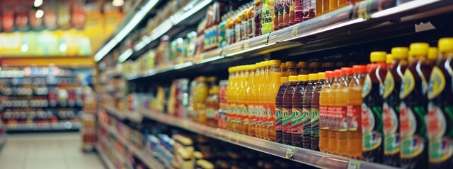 Fototapeta premium Supermarket aisle with a variety of bottled drinks on display