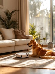 a white robot vacuum cleaner next to a dog lying in the living room.
