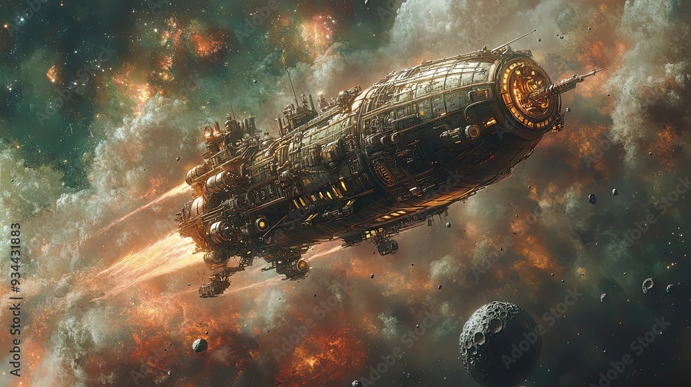 Poster steampunk spaceship navigating an asteroid field