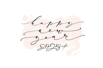 Happy new year 2025 hand written text design on textured speech bubble for cards and banners. Vector illustration with thin ink script lettering on call out cloud shape. Horizontal greeting template.