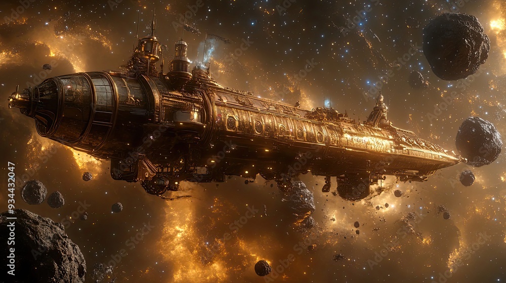 Poster golden spaceship navigating through asteroid field and nebula