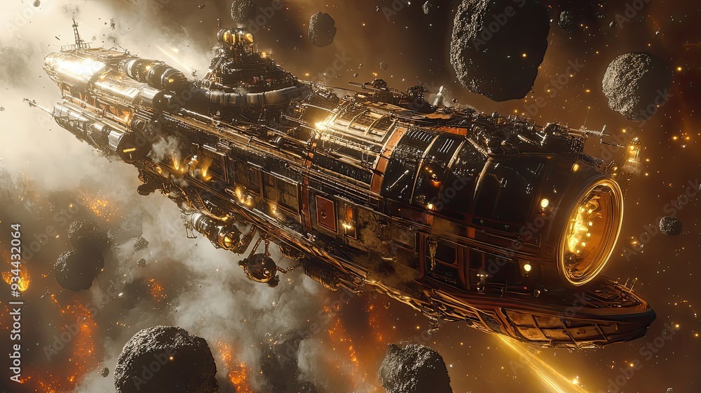 Aufkleber a steampunk spaceship navigating through an asteroid field