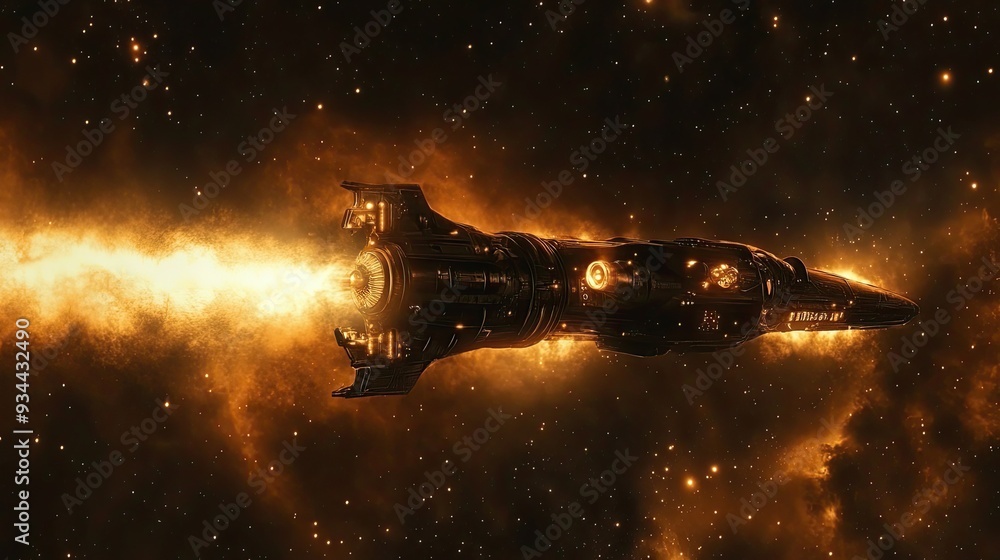 Aufkleber spaceship flying through a nebula with its engine ignited