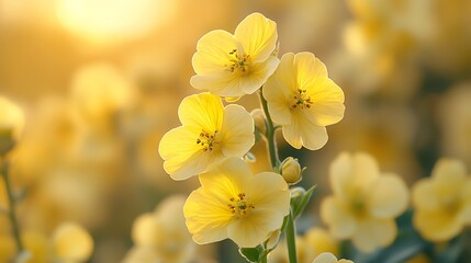 Obraz premium Close-up of vibrant yellow flowers blooming in a field with warm sunlight.