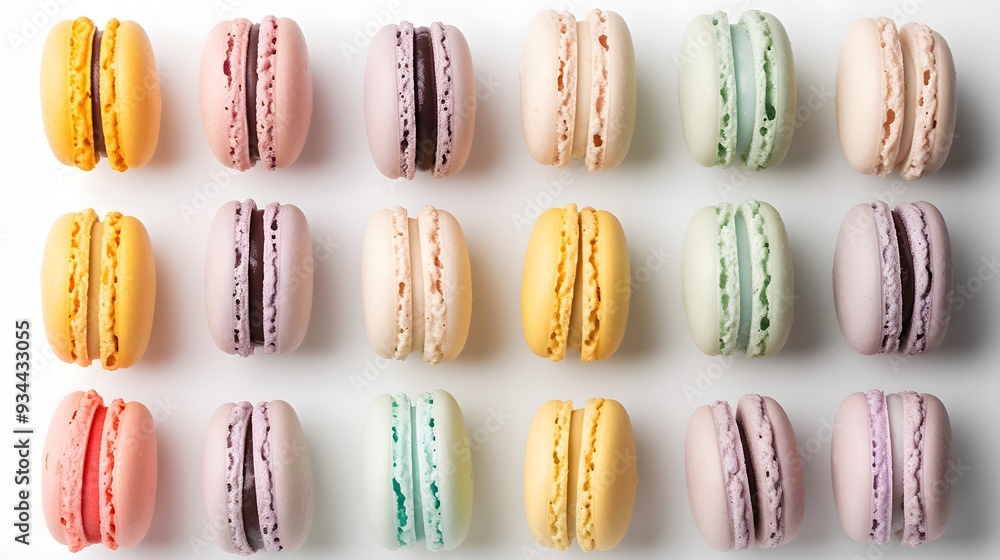 Poster a uniform grid of multicolored macarons in pastel hues on a pristine white background ai generated i