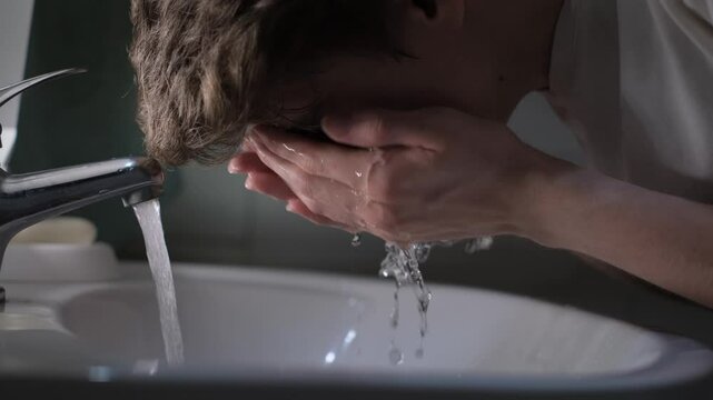 Young man washing his face over the sink, close-up
