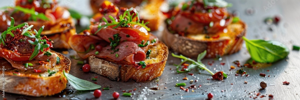 Poster Bruschettas Topped with Sun-Dried Tomatoes and Ham on a Light Background