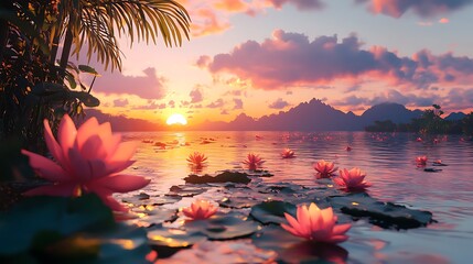 Water Lily Pond Sunset Landscape with Pink Flowers and Mountain Range