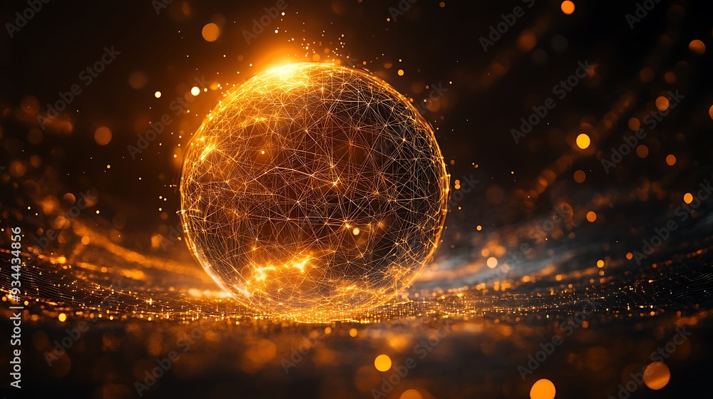 Aufkleber abstract golden sphere with network lines and bokeh lights