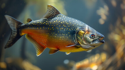 Fototapeta premium Amazon Red-bellied Piranha in clear water, with light refracting through the scales
