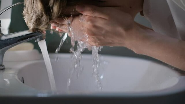 Young man washing his face over the sink, close-up