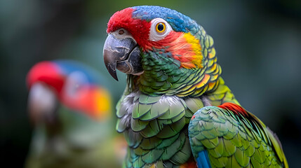 Fototapeta premium Amazon Red-fan Parrot head, showcasing its colorful feathers and keen eyes
