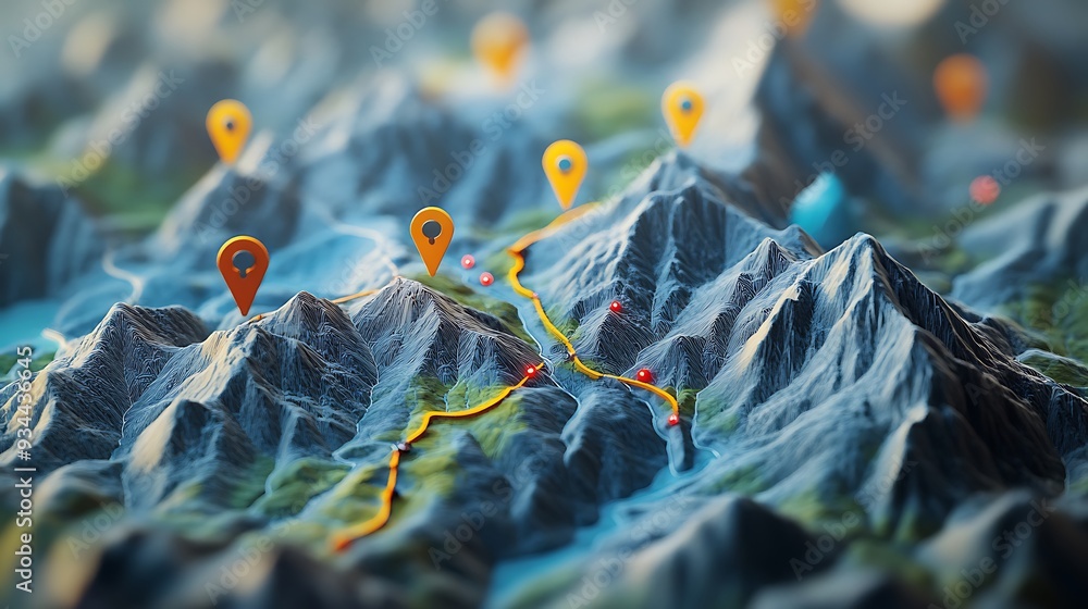 Poster d mountain range map with gps location pins and route
