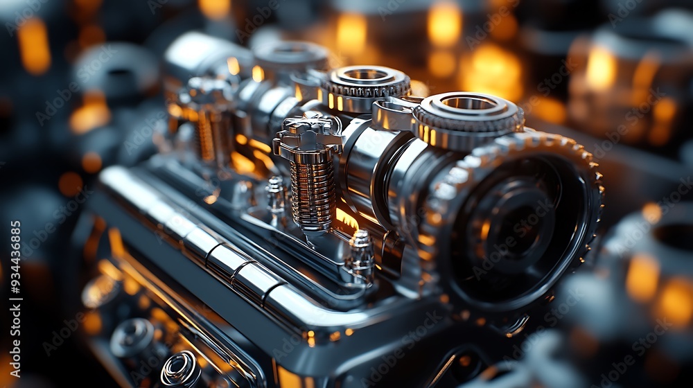 Poster close up of a shiny chrome engine with gears and bokeh
