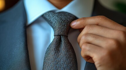 Close-up of a businessman wearing a beautifully tailored tie with fine detail. Businessman wearing an exquisite tie in an office setting.