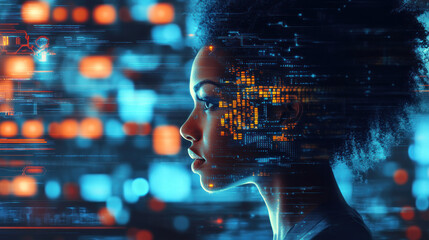 AI cybersecurity threat illustration, African American woman IT specialist analyzing data in information technology, augmented reality AI collage, side view, with copy space