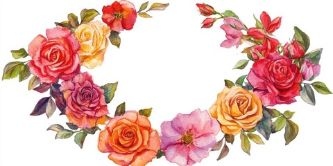 Watercolor illustration of a hand drawn wreath featuring roses