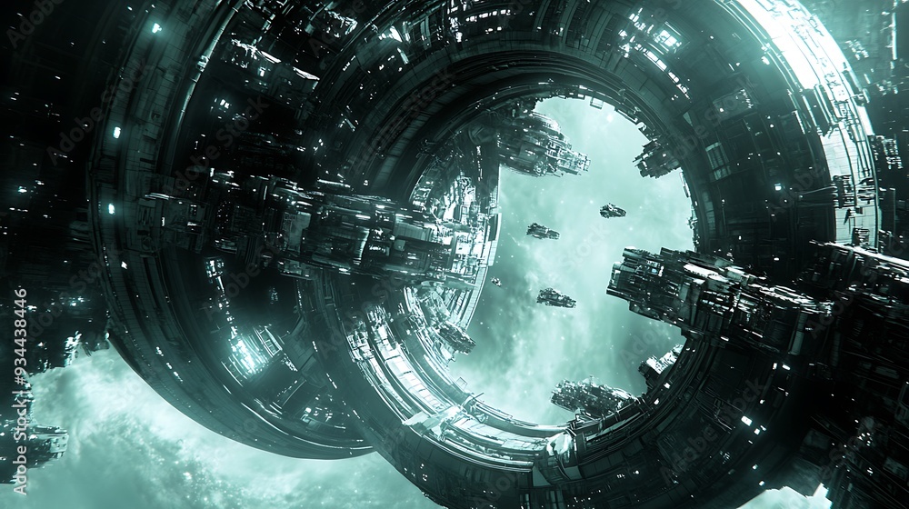 Poster futuristic space station with spaceships in orbit