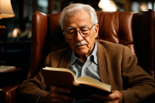 hombre de la tercera edad lee un libro en su sillon preferido