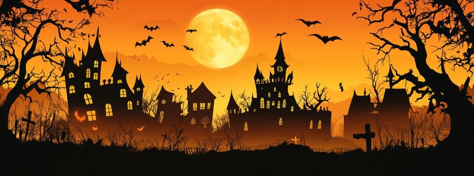 Haunted halloween landscape with a spooky castle and a big moon at night. Orange sky background with bats. Happy Halloween! Party invitation card design. Empty poster template.